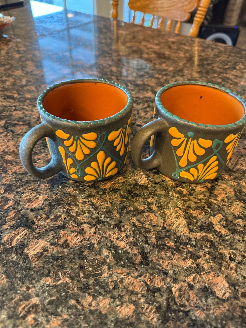 Terracotta 2 bohemian style mugs with yellow and blue green painted design